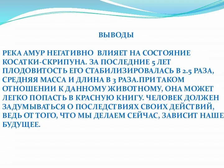 ВЫВОДЫ Река Амур негативно влияет на состояние косатки-скрипуна. За последние 5