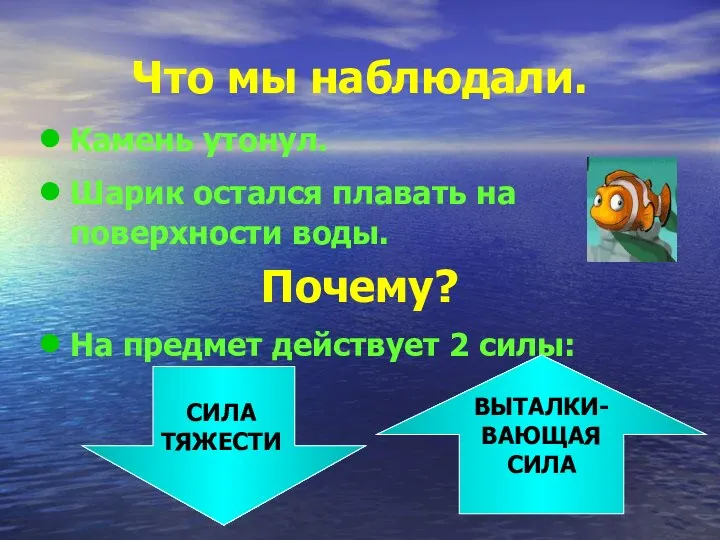 Что мы наблюдали. Камень утонул. Шарик остался плавать на поверхности воды.