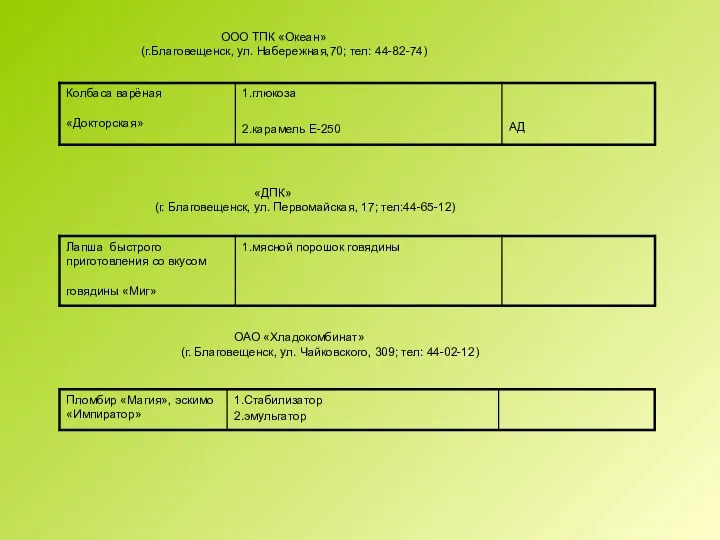 ООО ТПК «Океан» (г.Благовещенск, ул. Набережная,70; тел: 44-82-74) «ДПК» (г. Благовещенск,