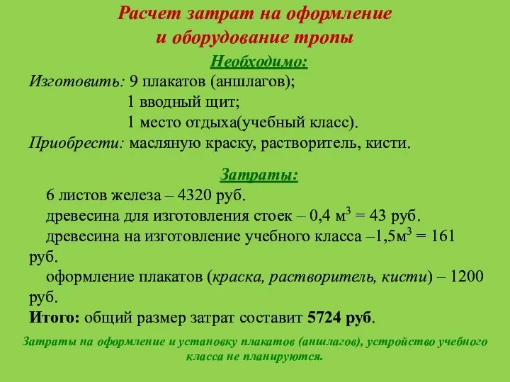 Расчет затрат на оформление и оборудование тропы Необходимо: Изготовить: 9 плакатов