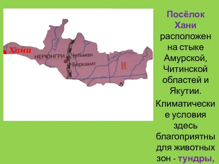 Посёлок Хани расположен на стыке Амурской, Читинской областей и Якутии. Климатические