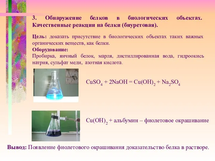 3. Обнаружение белков в биологических объектах. Качественные реакции на белки (биуретовая).