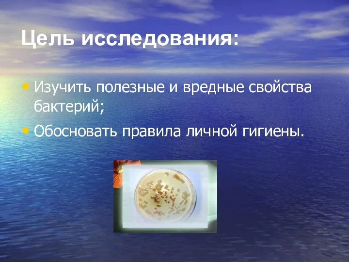 Цель исследования: Изучить полезные и вредные свойства бактерий; Обосновать правила личной гигиены.