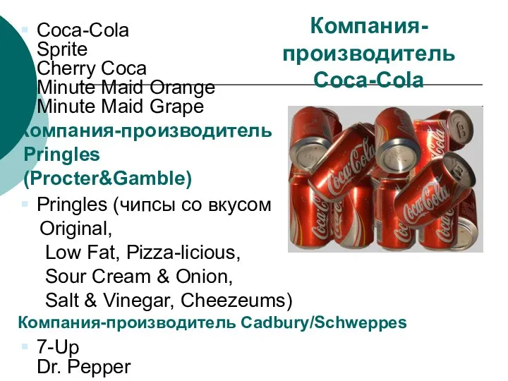 Компания- производитель Coca-Cola Coca-Cola Sprite Cherry Coca Minute Maid Orange Minute