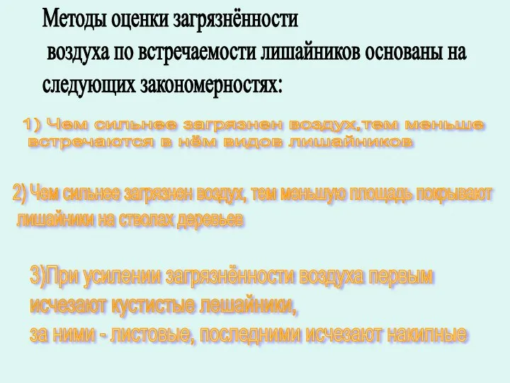 Методы оценки загрязнённости воздуха по встречаемости лишайников основаны на следующих закономерностях: