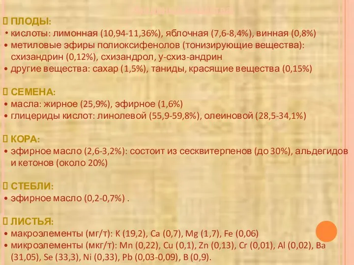 Активные вещества: ПЛОДЫ: кислоты: лимонная (10,94-11,36%), яблочная (7,6-8,4%), винная (0,8%) метиловые