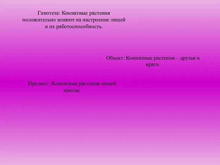 Гипотеза: Комнатные растения положительно влияют на настроение людей и их работоспособность.