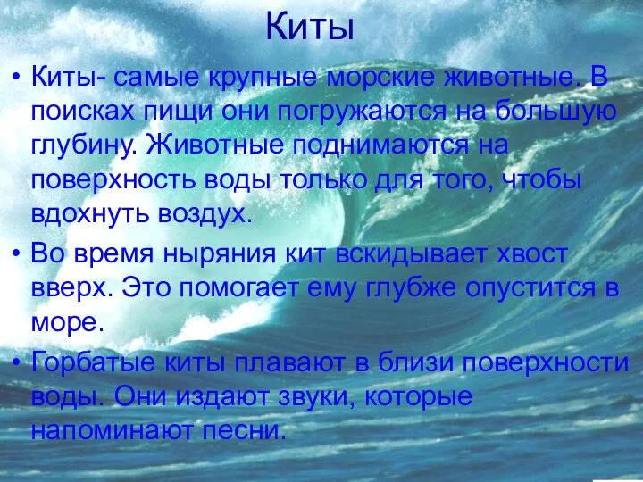 Киты Киты- самые крупные морские животные. В поисках пищи они погружаются