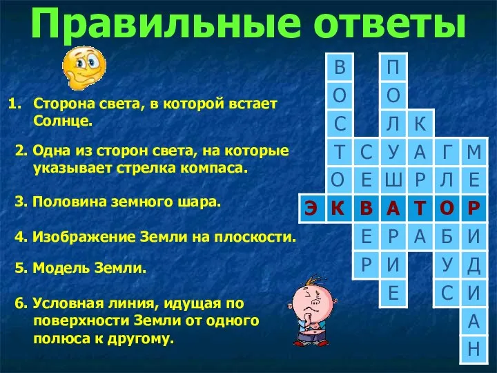 Правильные ответы Сторона света, в которой встает Солнце. 2. Одна из