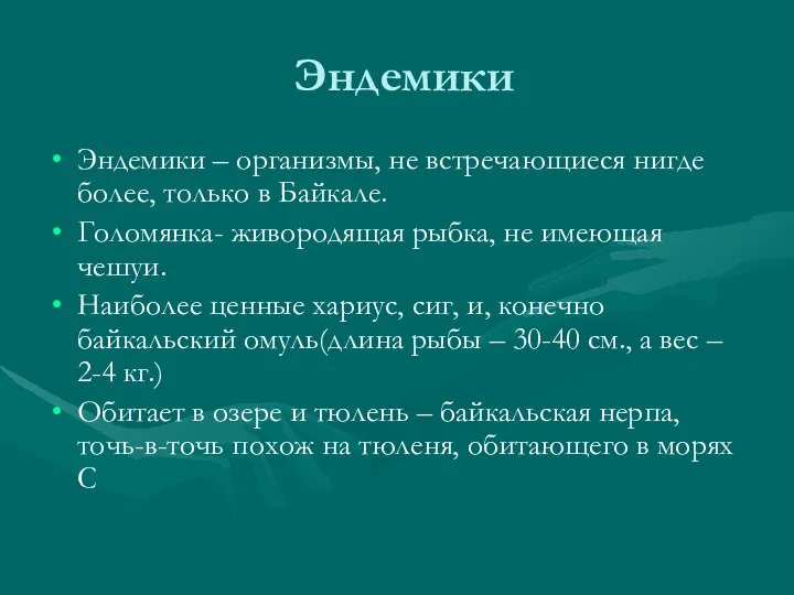 Эндемики Эндемики – организмы, не встречающиеся нигде более, только в Байкале.