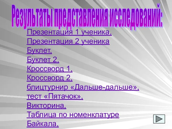 Результаты представления исследований: Презентация 1 ученика, Презентация 2 ученика Буклет, Буклет