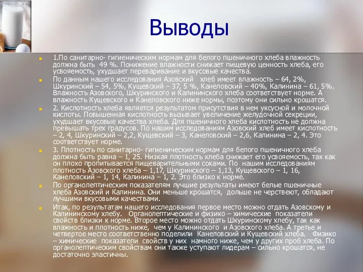 Выводы 1.По санитарно- гигиеническим нормам для белого пшеничного хлеба влажность должна