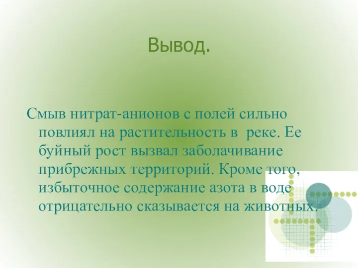 Вывод. Смыв нитрат-анионов с полей сильно повлиял на растительность в реке.