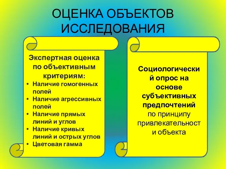 ОЦЕНКА ОБЪЕКТОВ ИССЛЕДОВАНИЯ Экспертная оценка по объективным критериям: Наличие гомогенных полей