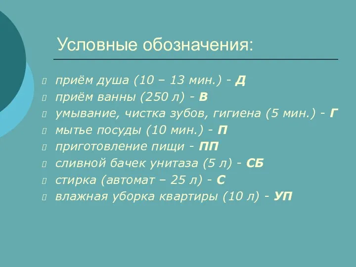 Условные обозначения: приём душа (10 – 13 мин.) - Д приём