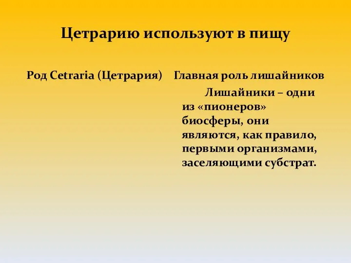 Цетрарию используют в пищу Род Cetraria (Цетрария) Главная роль лишайников Лишайники