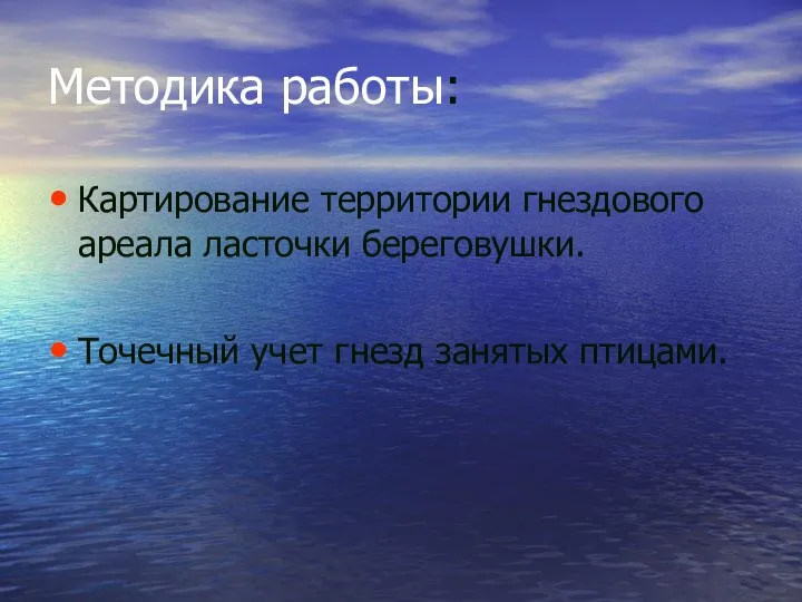 Методика работы: Картирование территории гнездового ареала ласточки береговушки. Точечный учет гнезд занятых птицами.