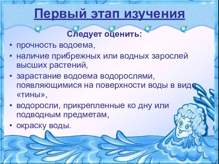 Первый этап изучения Следует оценить: прочность водоема, наличие прибрежных или водных