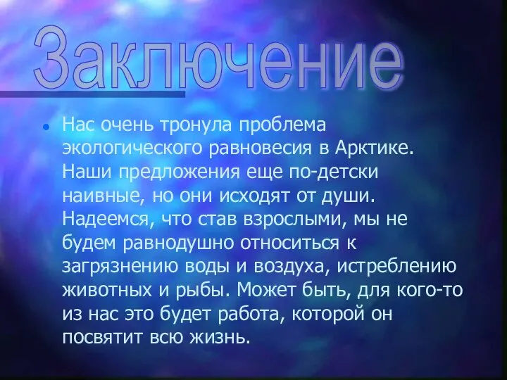 Нас очень тронула проблема экологического равновесия в Арктике. Наши предложения еще