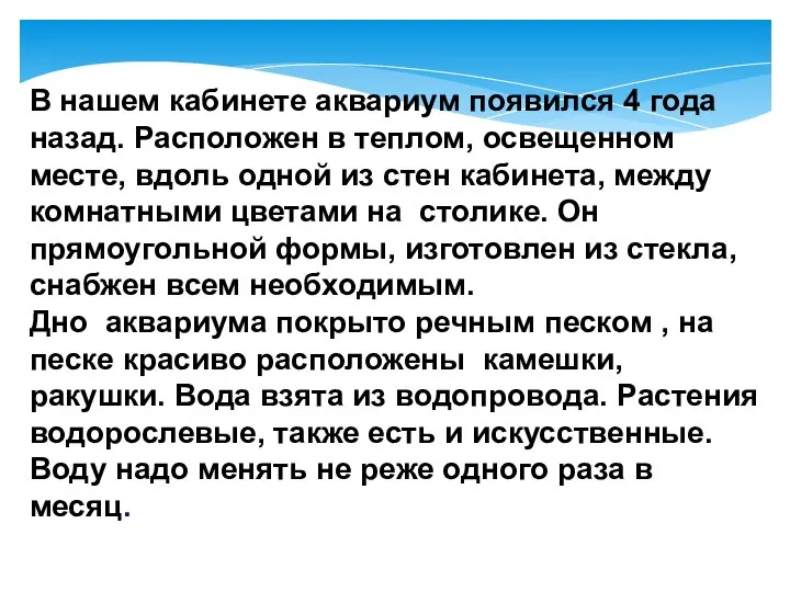 В нашем кабинете аквариум появился 4 года назад. Расположен в теплом,