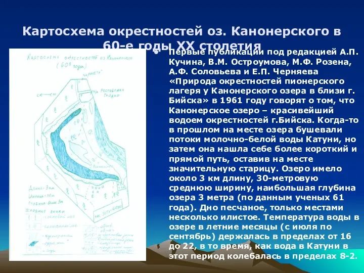 Картосхема окрестностей оз. Канонерского в 60-е годы XX столетия Первые публикации