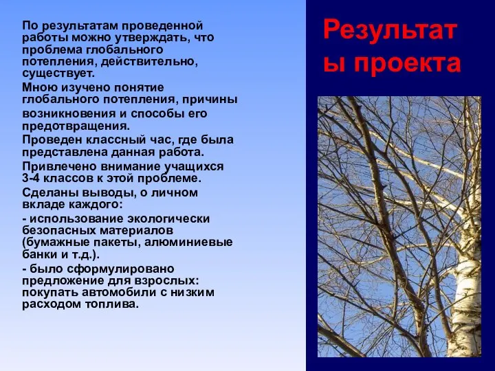 Результаты проекта По результатам проведенной работы можно утверждать, что проблема глобального