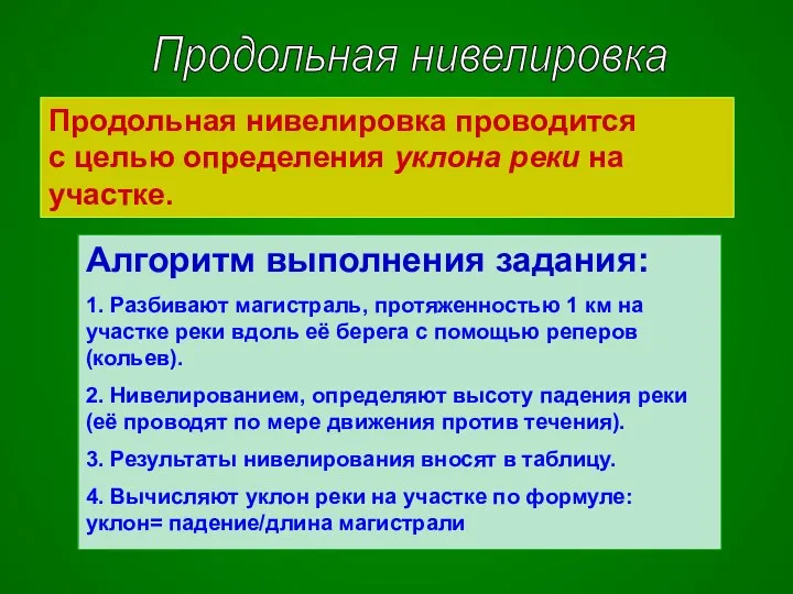 Продольная нивелировка Продольная нивелировка проводится с целью определения уклона реки на