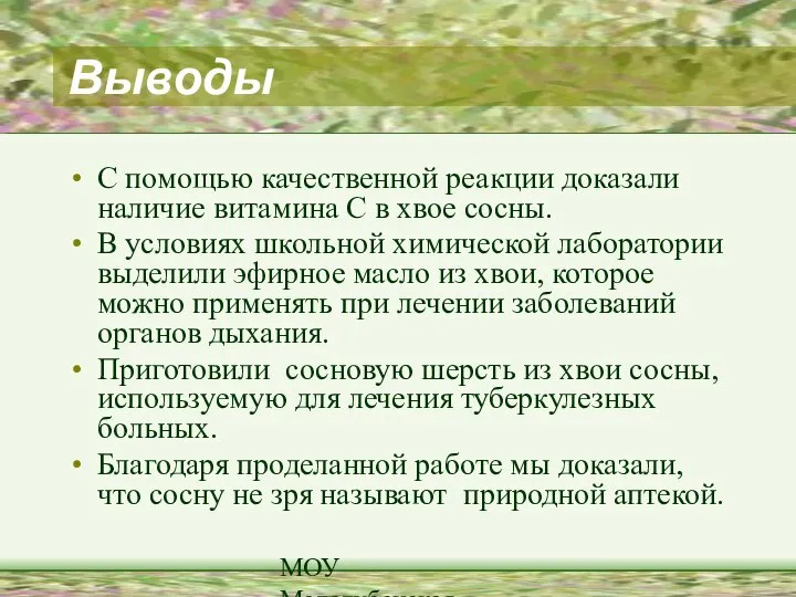 МОУ Малодубенская СОШ Выводы С помощью качественной реакции доказали наличие витамина