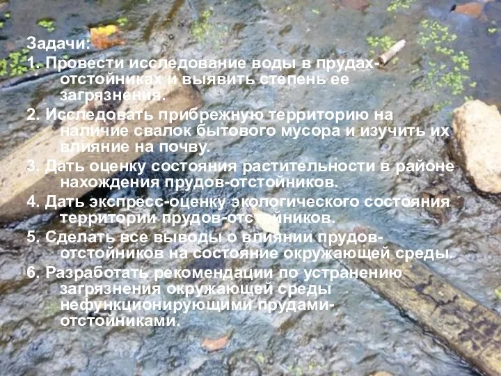 Задачи: 1. Провести исследование воды в прудах-отстойниках и выявить степень ее