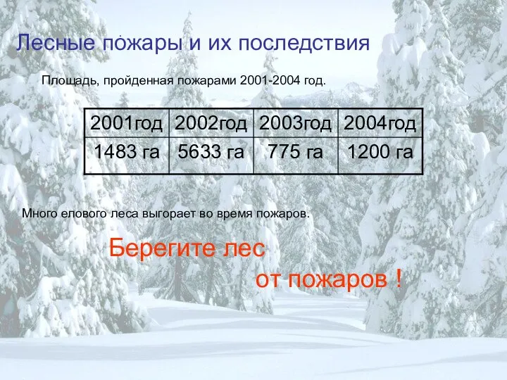 Лесные пожары и их последствия . Площадь, пройденная пожарами 2001-2004 год.