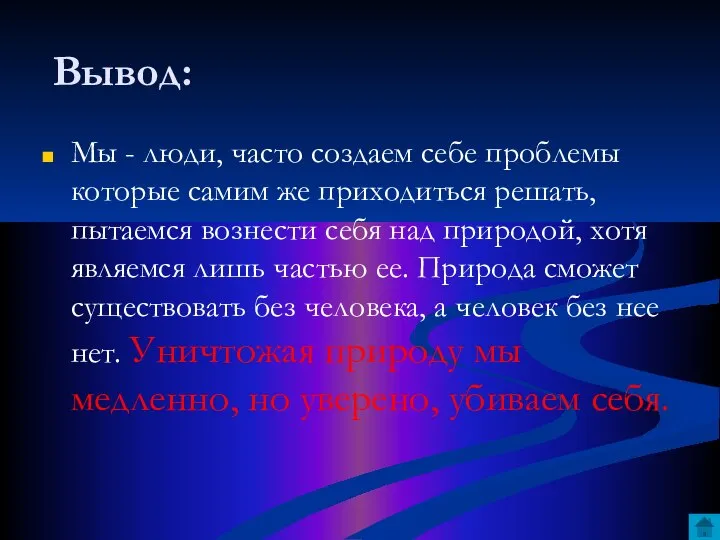 Вывод: Мы - люди, часто создаем себе проблемы которые самим же