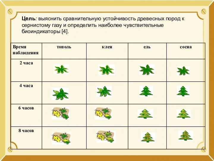 Цель: выяснить сравнительную устойчивость древесных пород к сернистому газу и определить наиболее чувствительные биоиндикаторы [4].