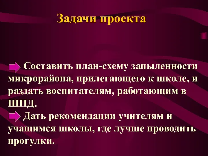 Задачи проекта Составить план-схему запыленности микрорайона, прилегающего к школе, и раздать