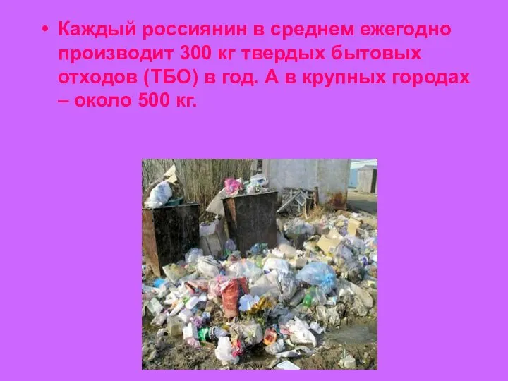 Каждый россиянин в среднем ежегодно производит 300 кг твердых бытовых отходов