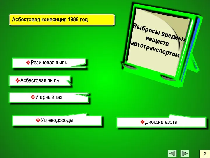 Асбестовая пыль Асбестовая конвенция 1986 год Резиновая пыль Угарный газ Углеводороды 2 Диоксид азота