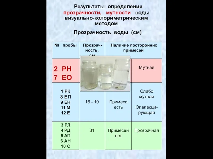 Результаты определения прозрачности, мутности воды визуально-колориметрическим методом Прозрачность воды (см)