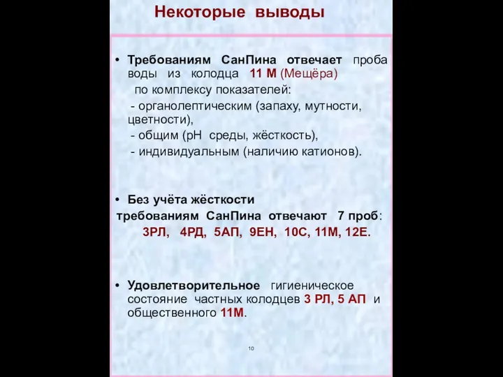 10 Некоторые выводы Требованиям СанПина отвечает проба воды из колодца 11