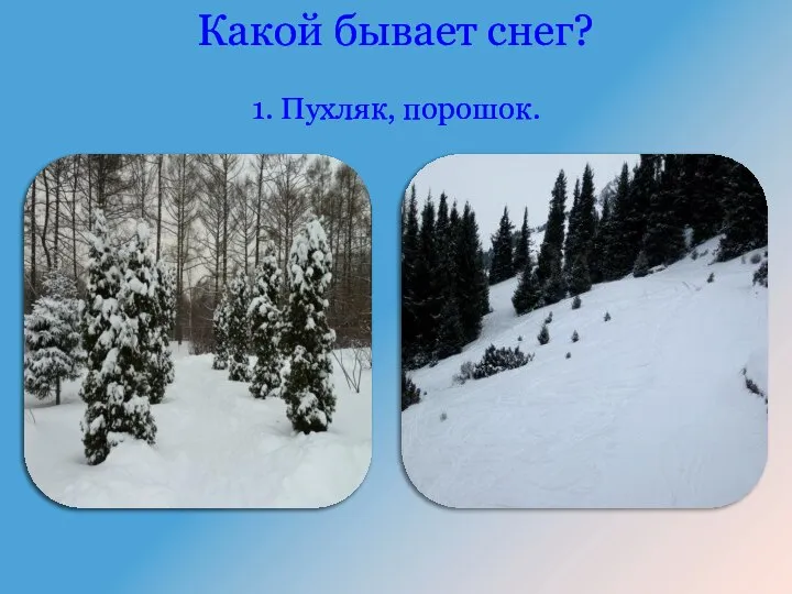 Какой бывает снег? 1. Пухляк, порошок.