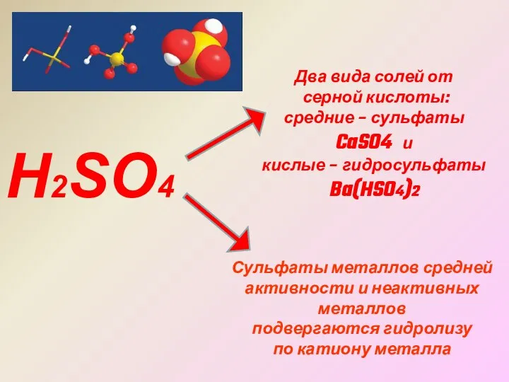 Н2SO4 Два вида солей от серной кислоты: средние – сульфаты CaSO4
