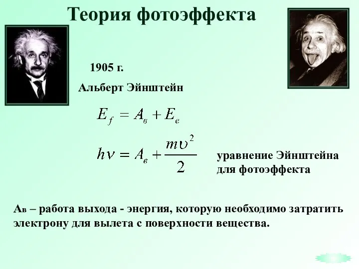 Теория фотоэффекта Альберт Эйнштейн 1905 г. Ав – работа выхода -