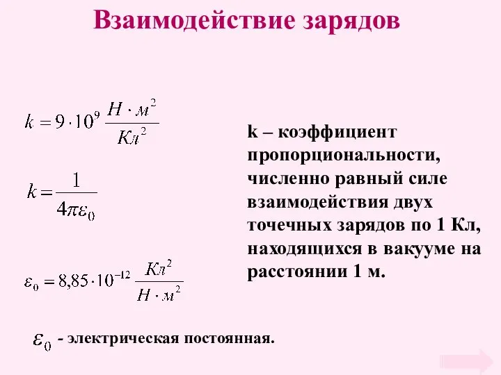 Взаимодействие зарядов k – коэффициент пропорциональности, численно равный силе взаимодействия двух