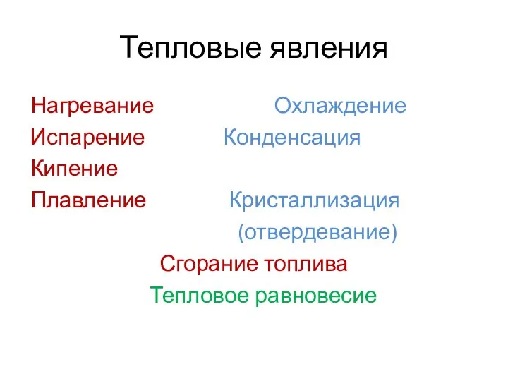 Тепловые явления Нагревание Охлаждение Испарение Конденсация Кипение Плавление Кристаллизация (отвердевание) Сгорание топлива Тепловое равновесие