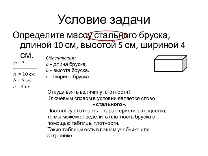 Условие задачи Определите массу стального бруска, длиной 10 см, высотой 5