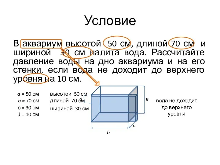 b = 70 см a = 50 см В аквариум высотой