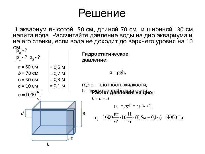 Решение В аквариум высотой 50 см, длиной 70 см и шириной