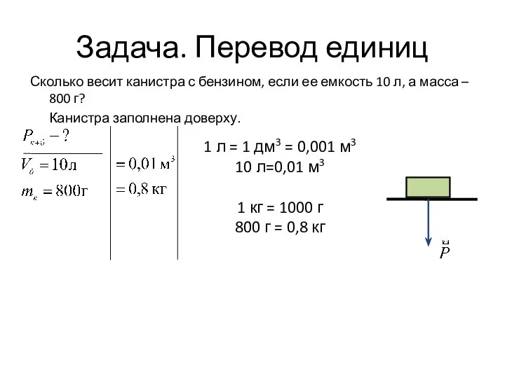 Задача. Перевод единиц Сколько весит канистра с бензином, если ее емкость