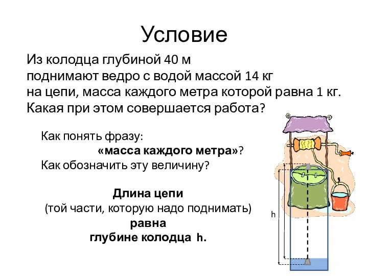 Условие Из колодца глубиной 40 м поднимают ведро с водой массой