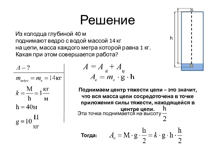 Решение Из колодца глубиной 40 м поднимают ведро с водой массой