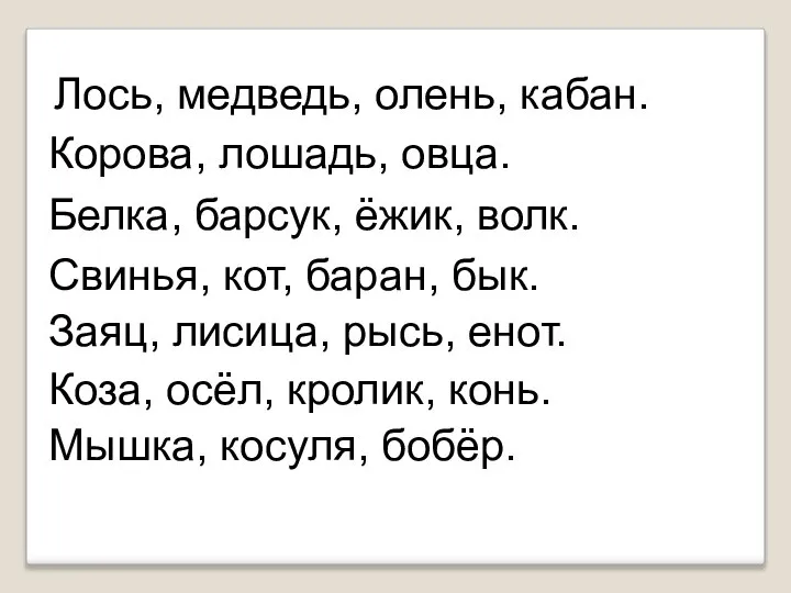 Лось, медведь, олень, кабан. Корова, лошадь, овца. Белка, барсук, ёжик, волк.