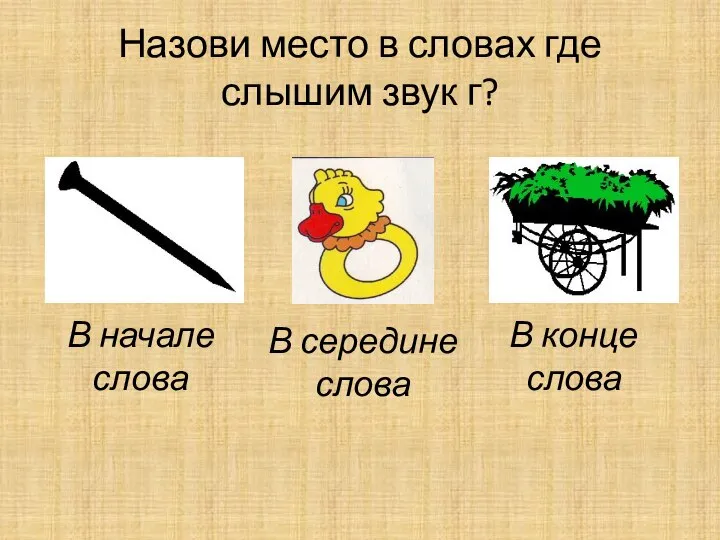 Назови место в словах где слышим звук г? В начале слова